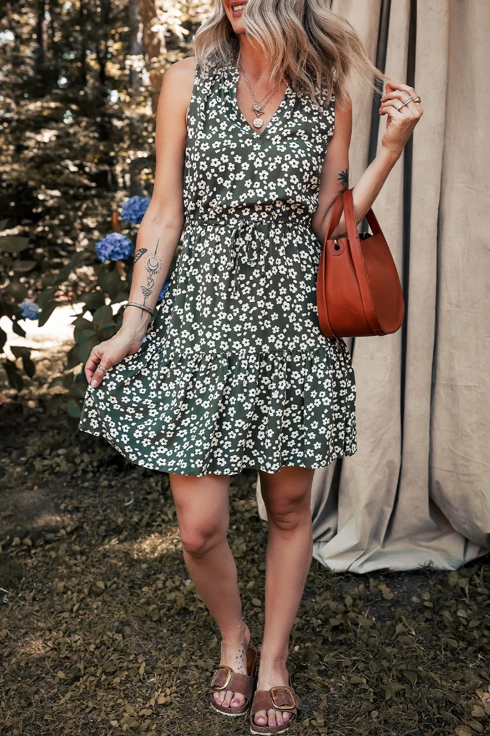 Boho Floral Print V Neck Tunic Sleeveless Dress, image 5