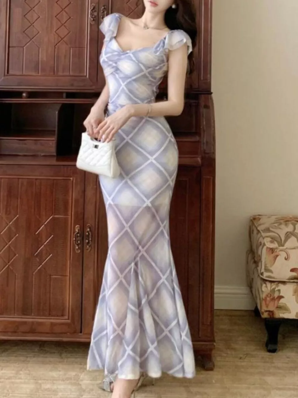 Plaid Ruffle Cap Sleeve Bodycon Maxi Dress, image 14