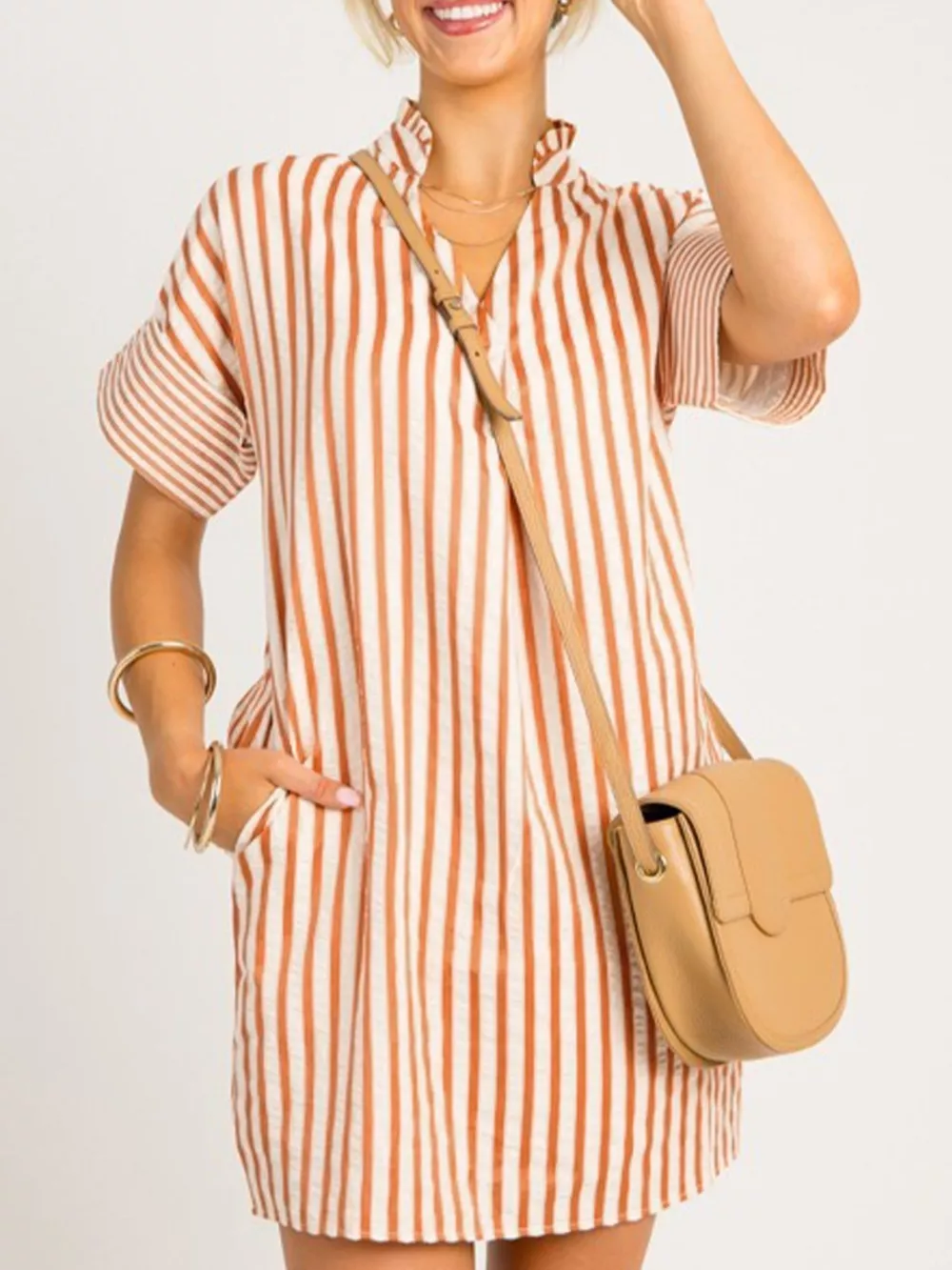 Stripe Pinched V Neck Turn-up Cuffs Shift Mini Dress