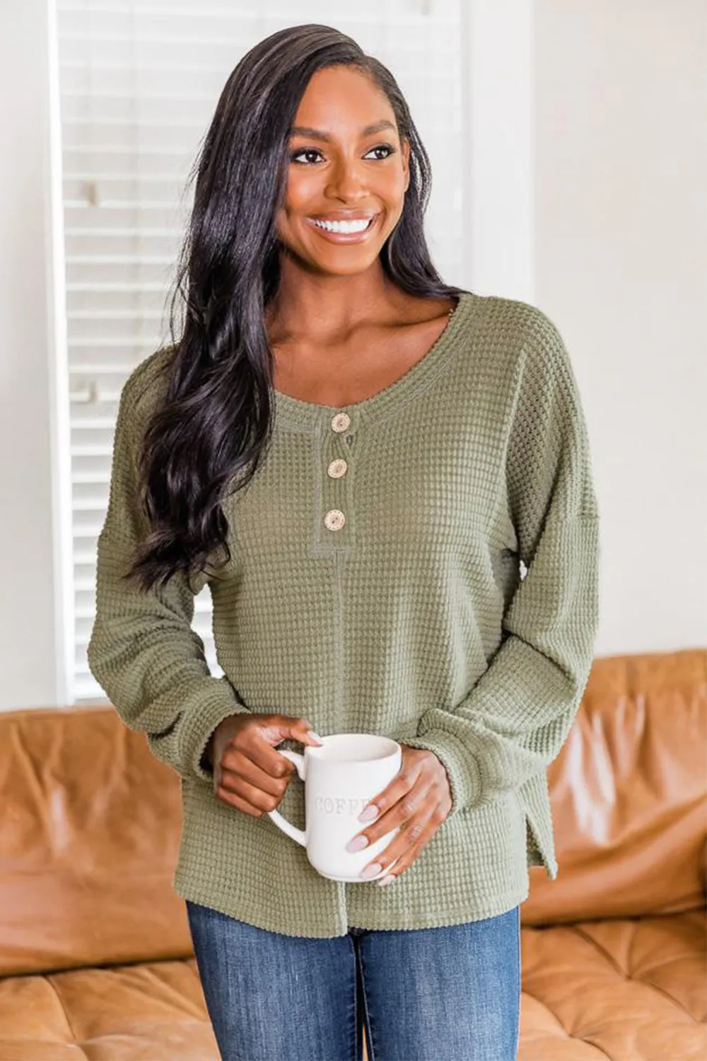 Slit Waffle Knit Long Sleeve T-Shirt, image 8