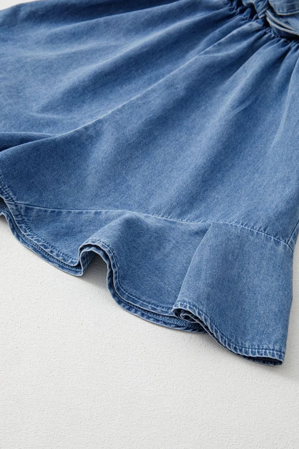 Spaghetti Straps V Neck Belted Ruffled Leg Chambray Romper, image 11