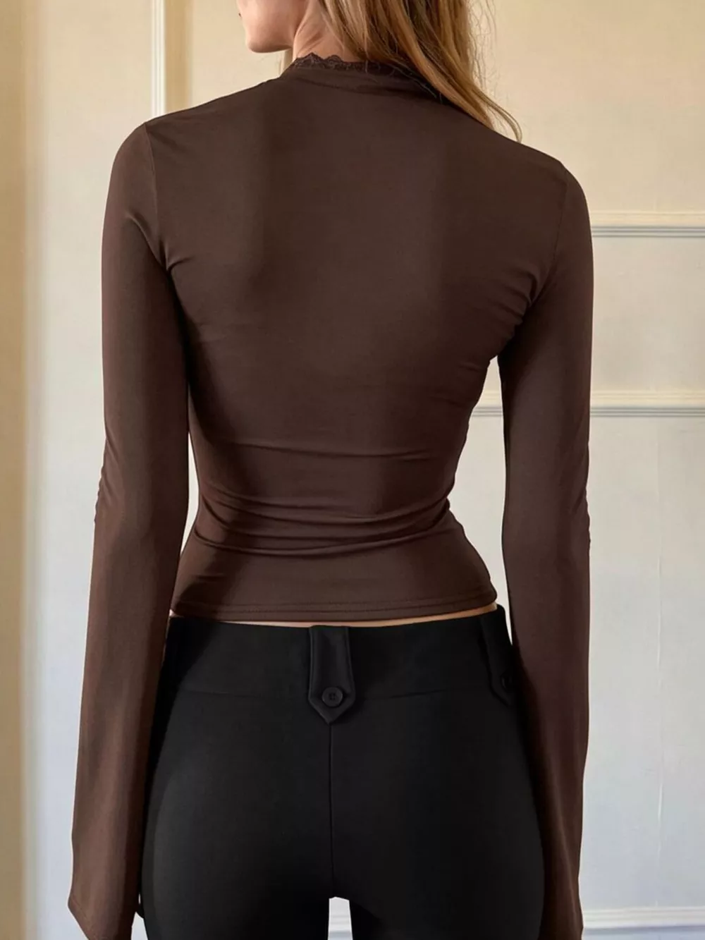 Lace-Trimmed Keyhole Long Sleeve T-Shirt, image 6