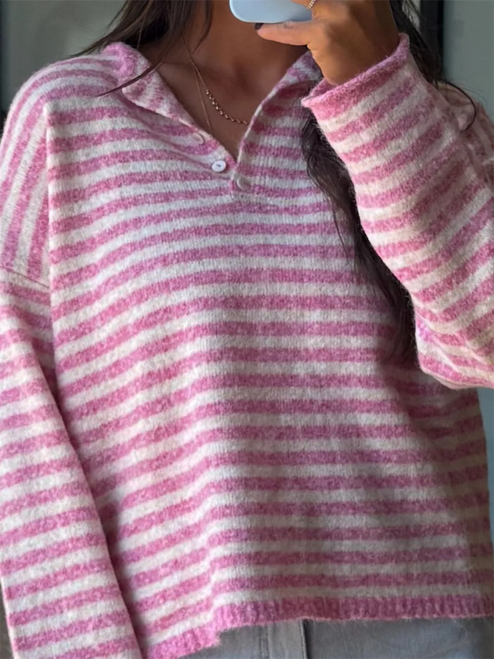 Button Detail Dropped Shoulder Striped Sweater, image 5