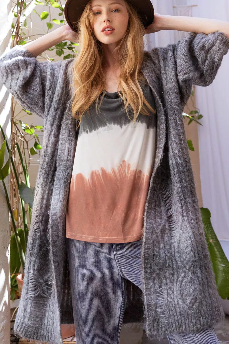 Distressed Cable-Knit Ombre Dying Cardigan, image 7