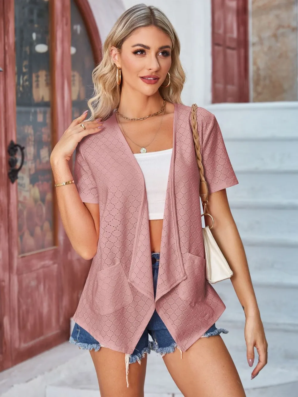 Eyelet Open Front Short Sleeve Cover Up, image 29