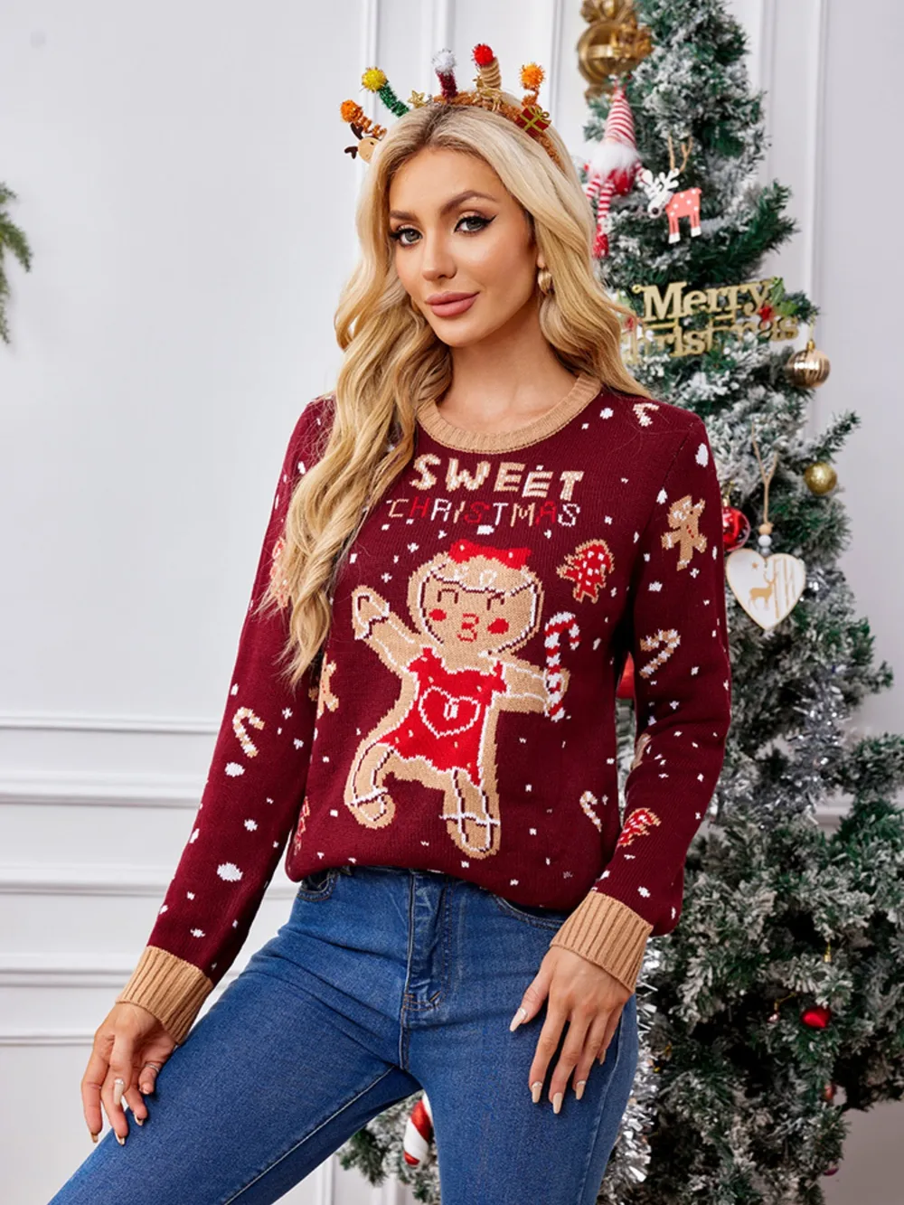 Gingerbread Round Neck Long Sleeve Sweater, image 3