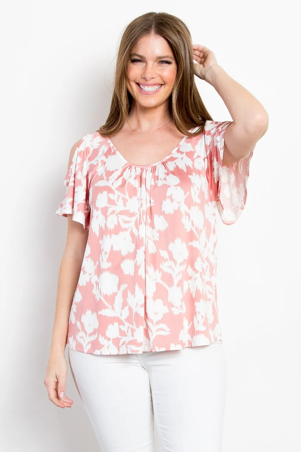 Full Size Foral Cold Shoulder Top