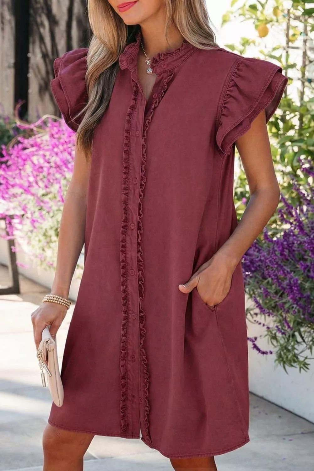 Frilled Detail Button Down Ruffle Short Sleeve Denim Mini Dress, image 3