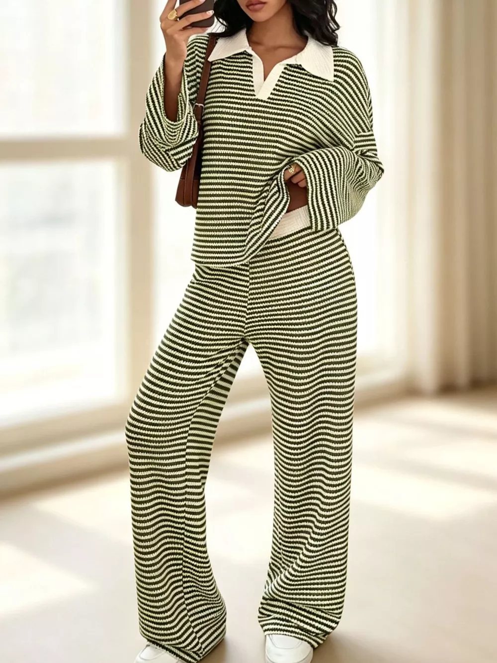 Striped Long Sleeve Polo and Wide-Leg Pants Set, image 11