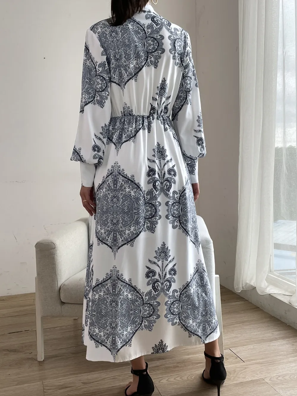Printed Notched Lantern Sleeve Midi Dress, image 5
