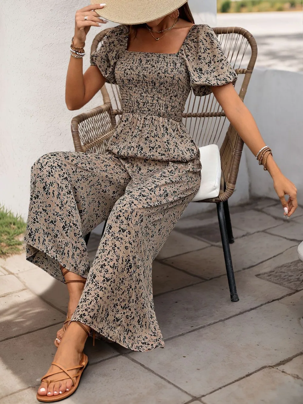 Smocked Printed Square Neck Puff Sleeve Jumpsuit, image 7