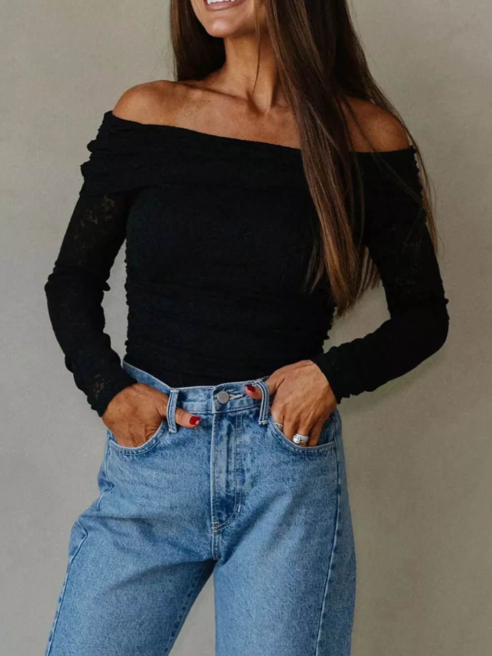 Floral Lace Off-shoulder Long Sleeve Slim Top