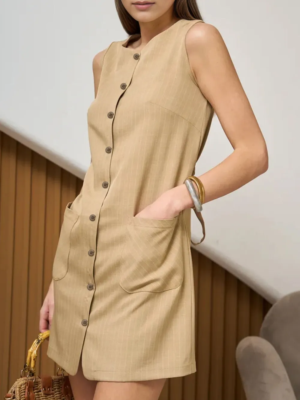 Button-Front Sleeveless Mini Dress with Tie Waist, image 3