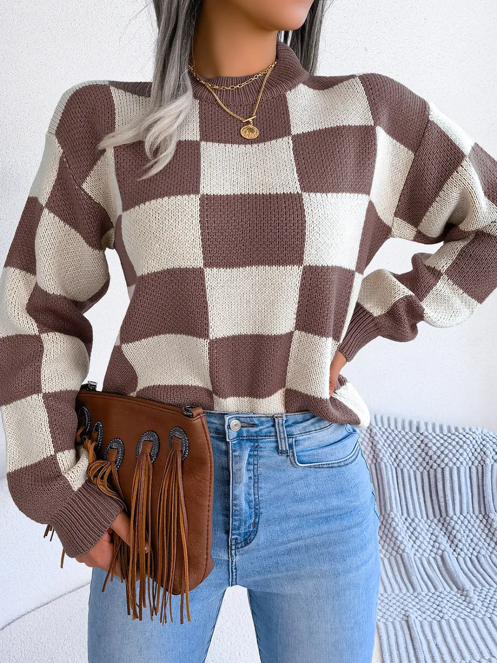 Checkered Mock Neck Long Sleeve Sweater, image 22