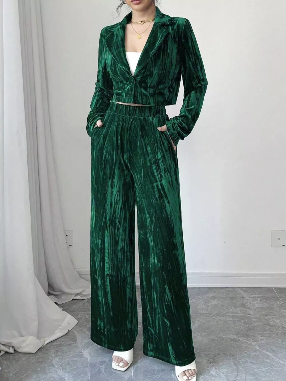 Pleated Velvet Blazer & Wide Leg Pants Set, image 6