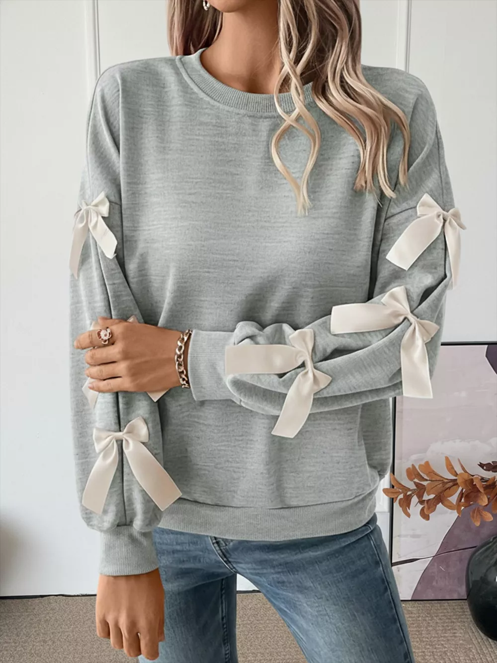 Bowknot Sleeve Round Neck Sweatshirt, image 8