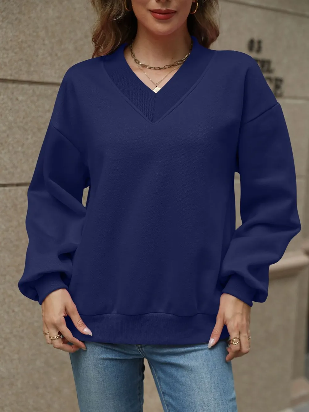 V-Neck Long Sleeve Dropped Shoulder Sweatshirt, image 26