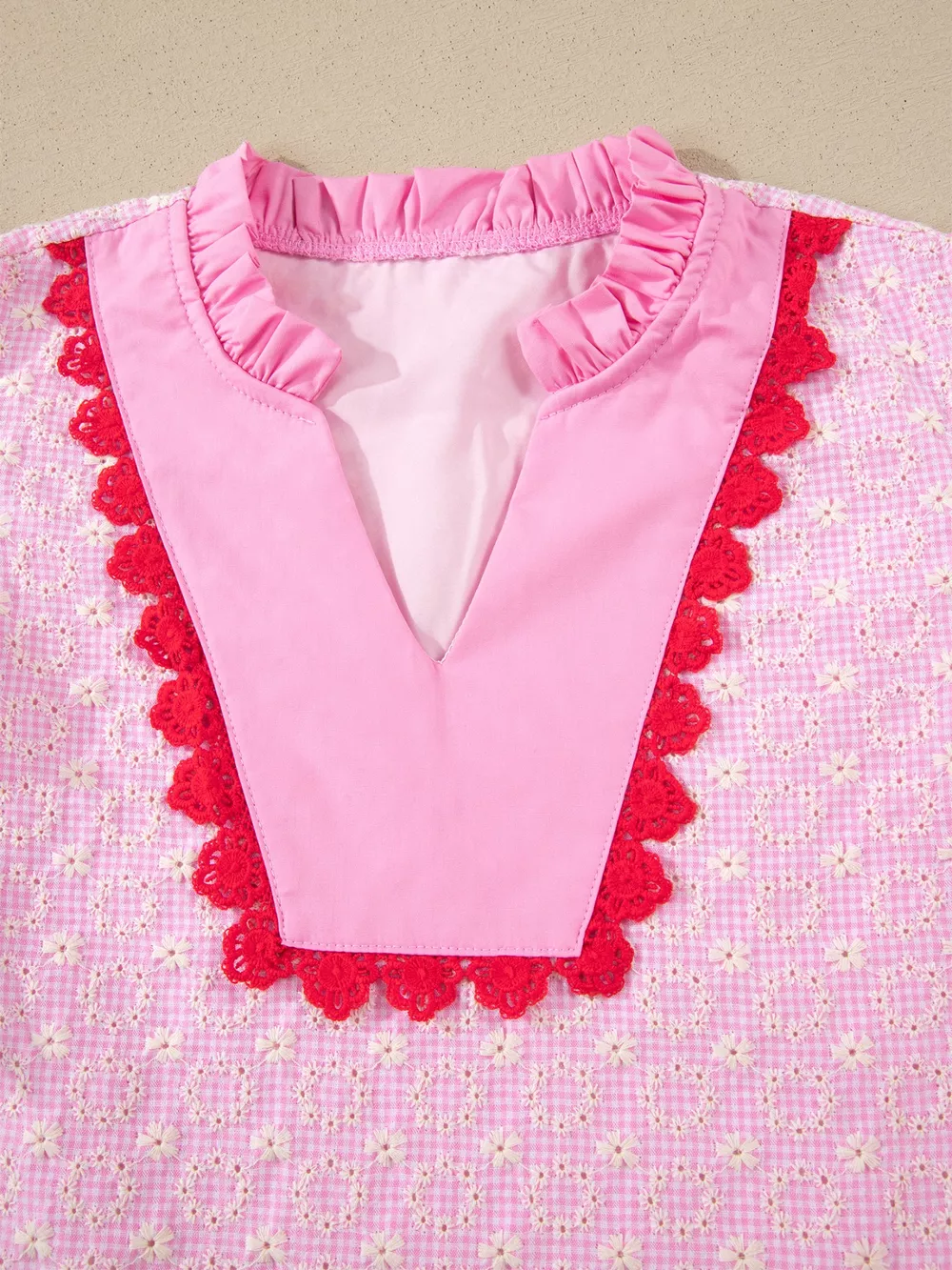 Eyelet Embroidered Flower Texture Contrast Lace Trim Flutter Sleeve Blouse, image 8