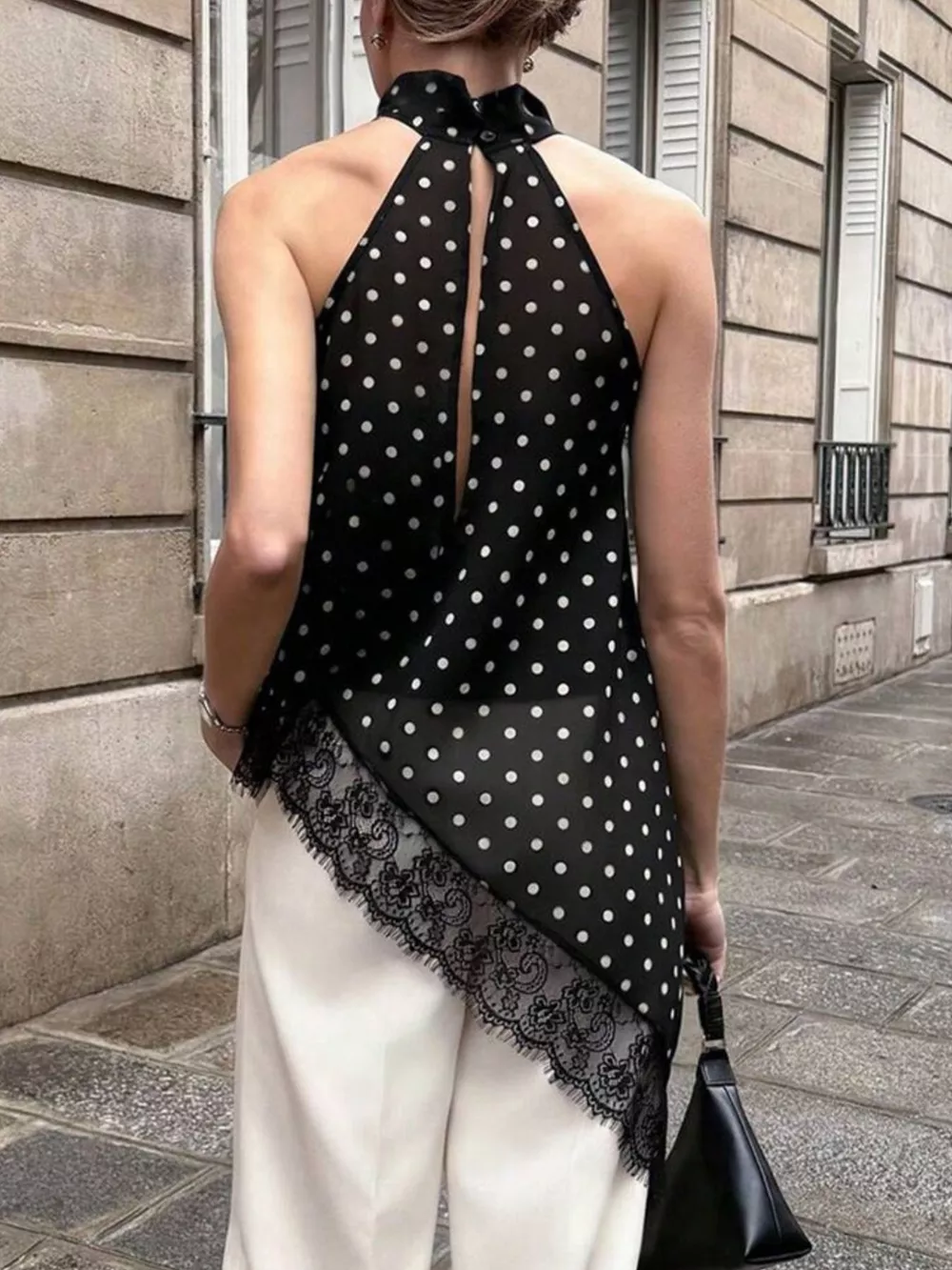 Polka Dot Lace Trim Asymmetrical Hem Sleeveless Blouse, image 3