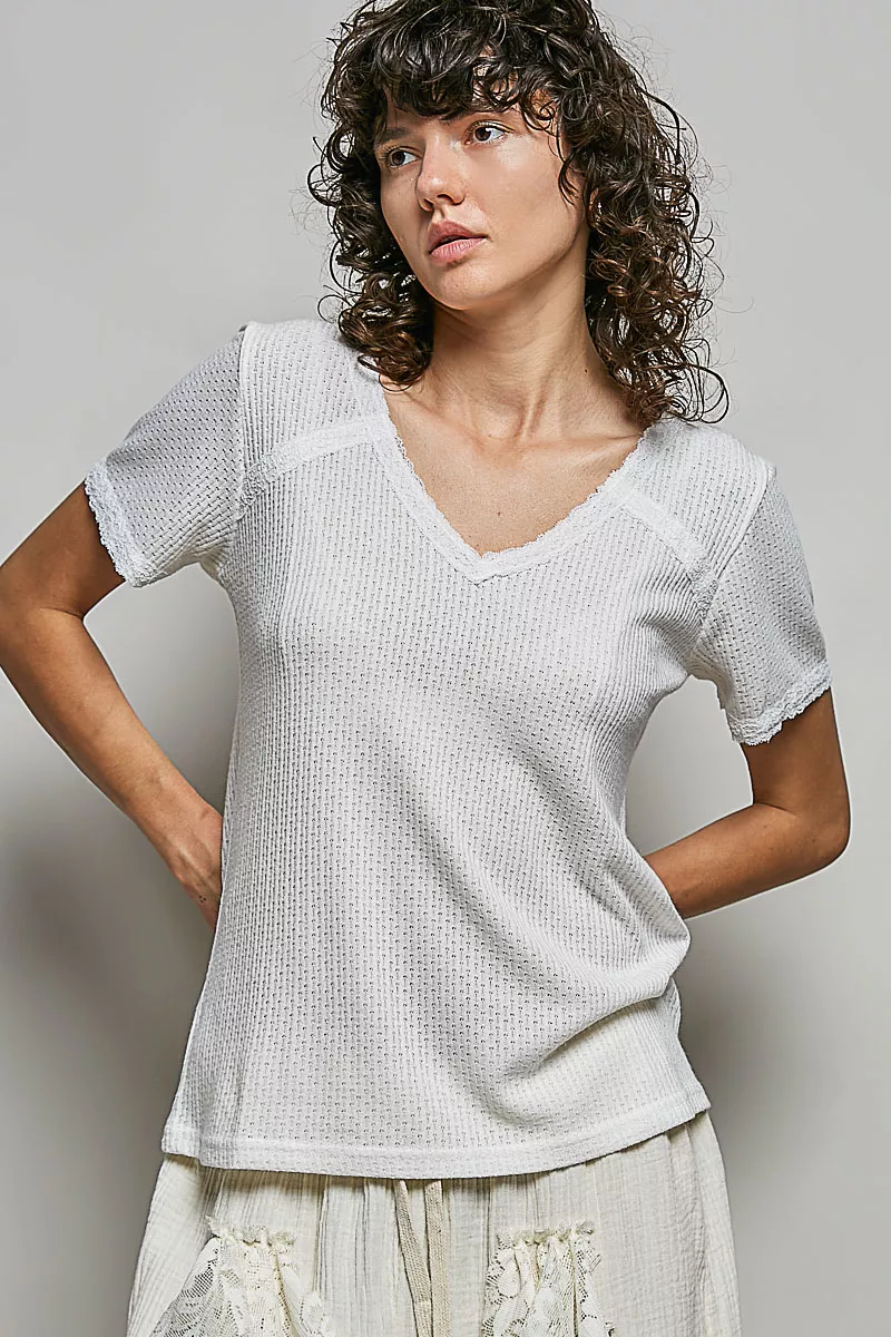 Lace Detail V-Neck Short Sleeve Textured T-Shirt