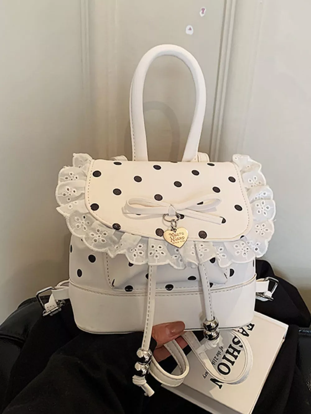 Polka Dot Lace Trim Backpack Bag, image 8