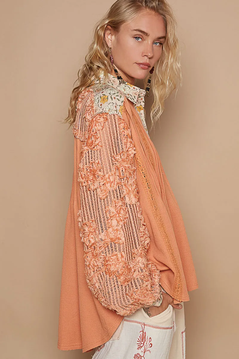 Floral Half Button Lace Detail Long Sleeve Top, image 3