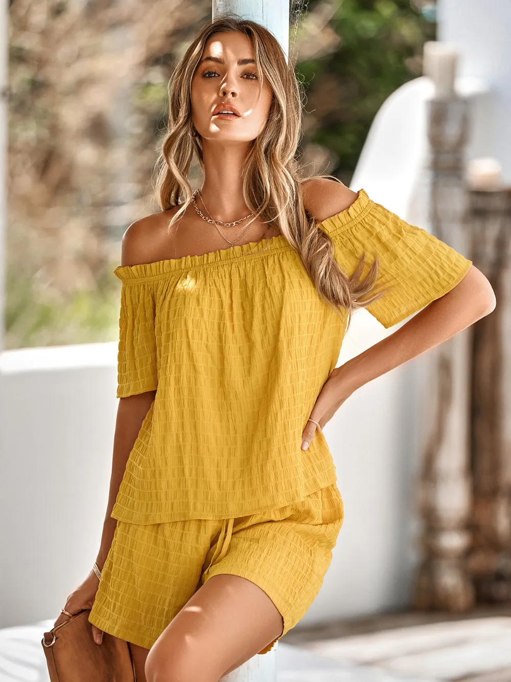 Full Size Off-Shoulder Short Sleeve Top and Tied Shorts Set, image 3