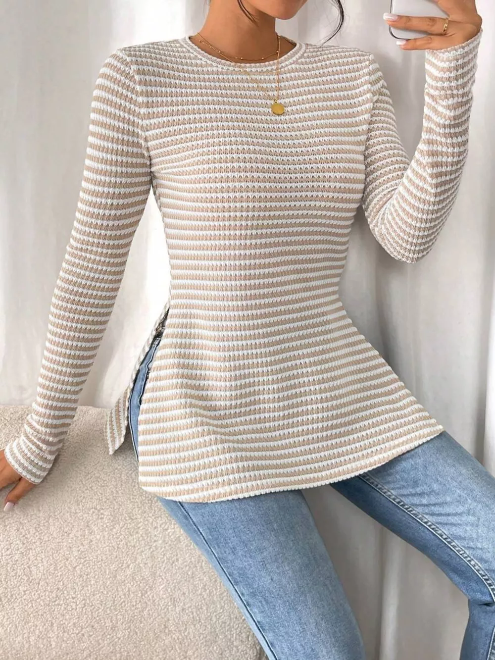 Slit Striped Long Sleeve Casual T-Shirt, image 8