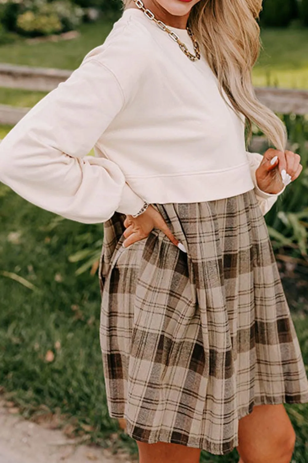 Plaid Round Neck Long Sleeve Mini Dress, image 14