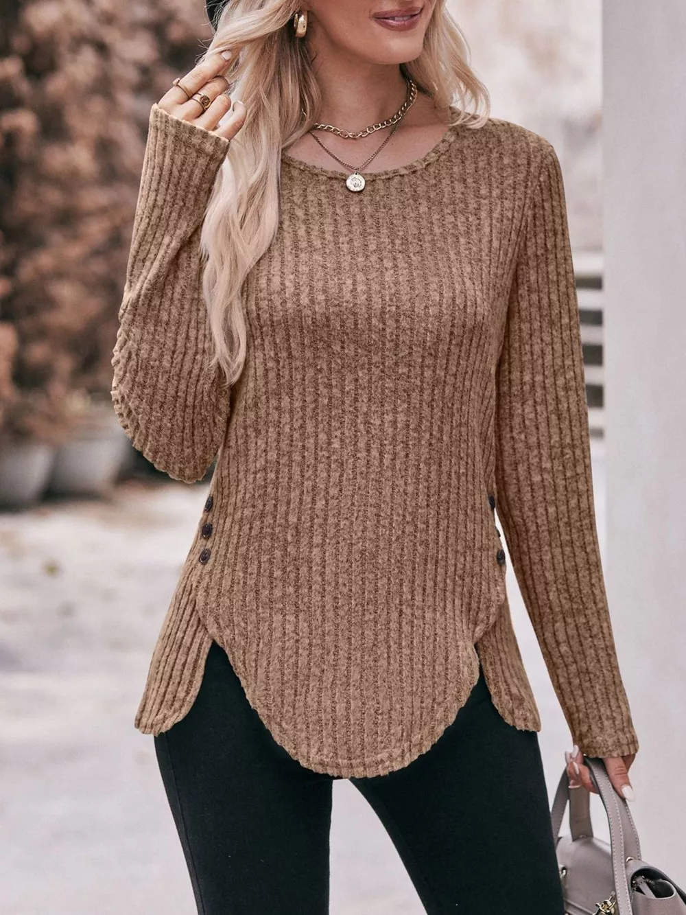 Ribbed Knit Long Sleeve T-Shirt, image 22
