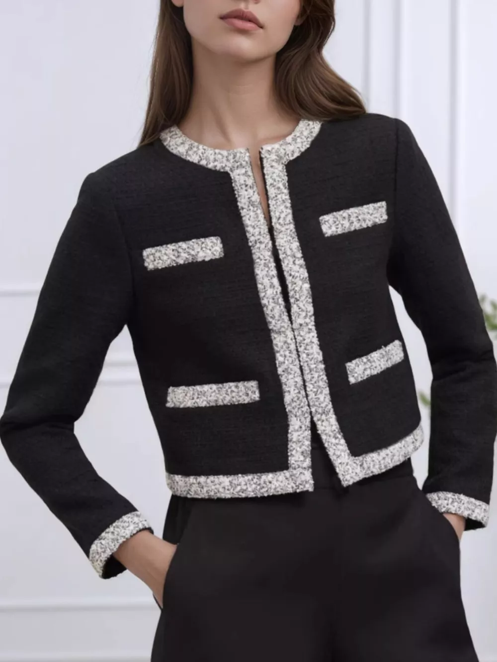 Tweed Trim Open Front Outerwear, image 2