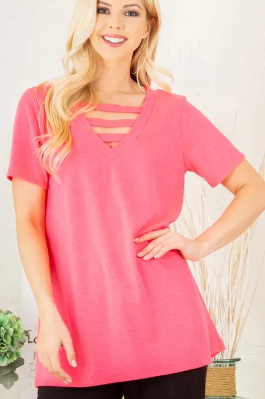 Full Size V-Neck Short Sleeve T-Shirt with Bar Detail Plus Size, image 16