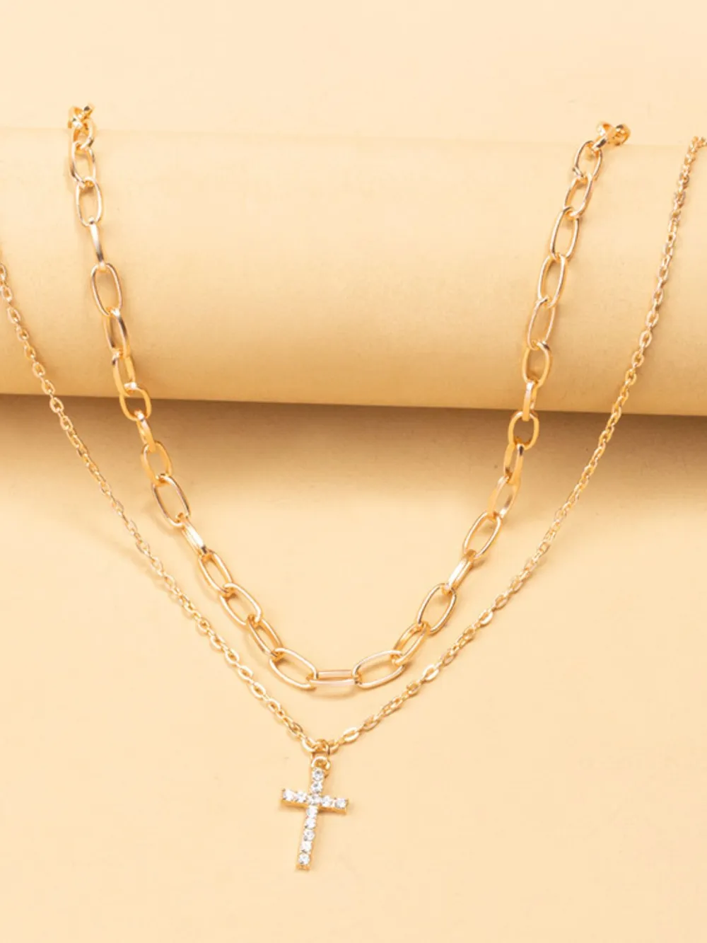 Double Layered Inlaid Zircon Cross Pendant Necklace, image 3