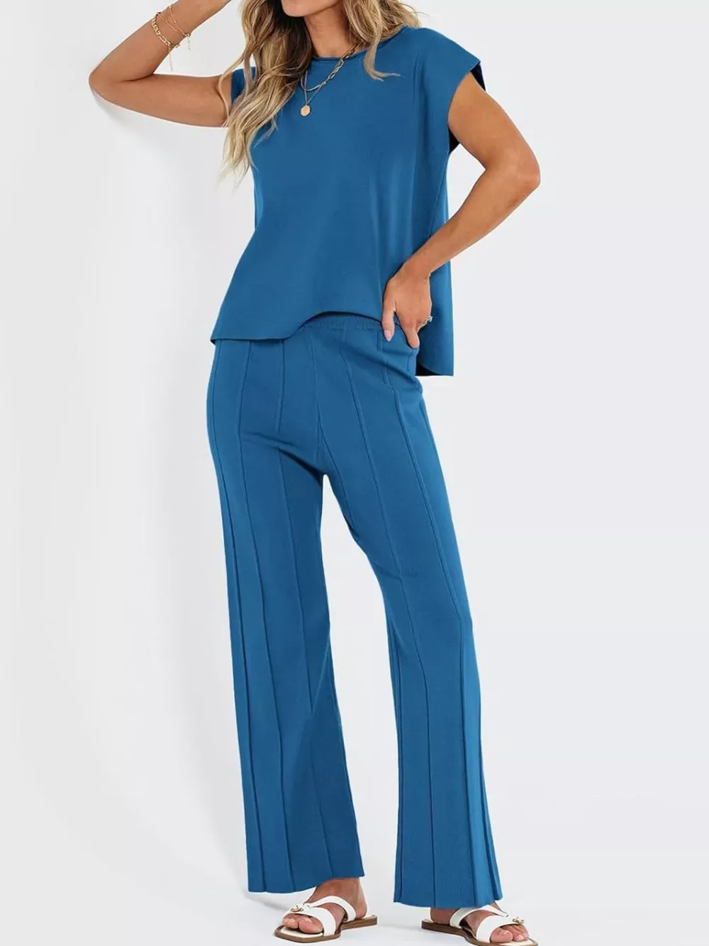 Casual Solid Color Cap Sleeve Top and Pants Knit Set, image 2