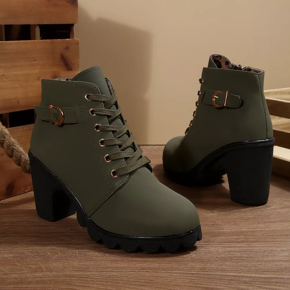 Lace-Up Buckle Chunky Heel Ankle Boots, image 9