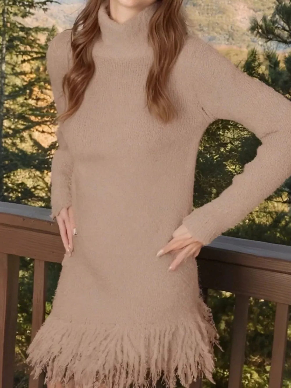 Fringe Turtleneck Long Sleeve Sweater Dress, image 13