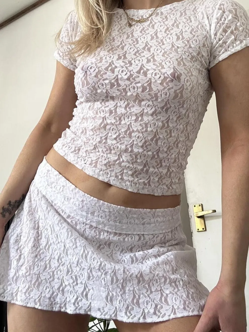 Lace Round Neck Short Sleeve Top and Skirt Set