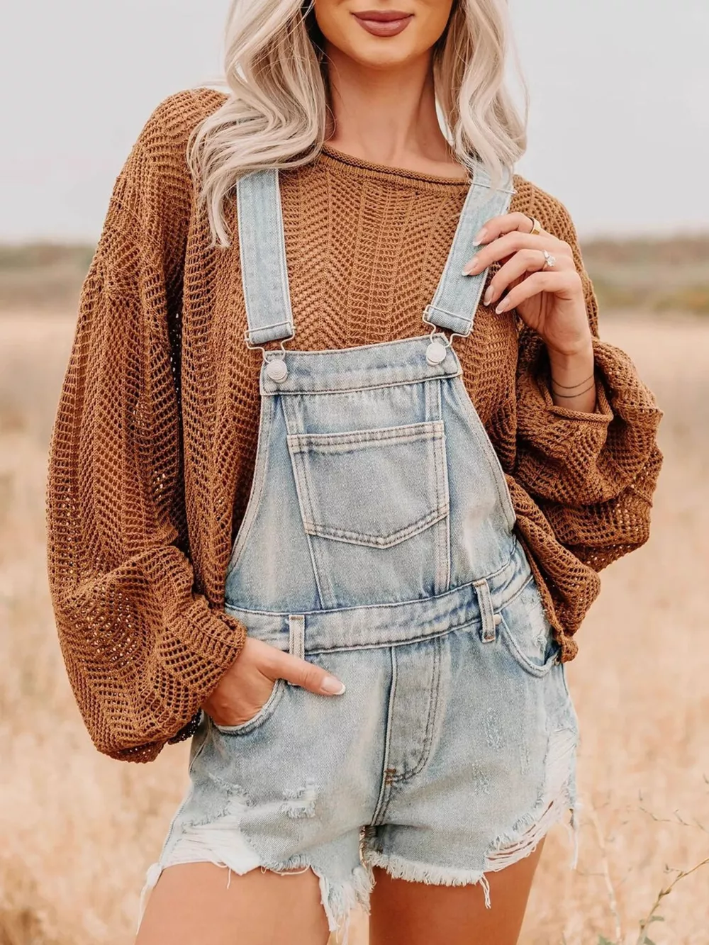 Distressed Denim Overalls Shorts, image 3