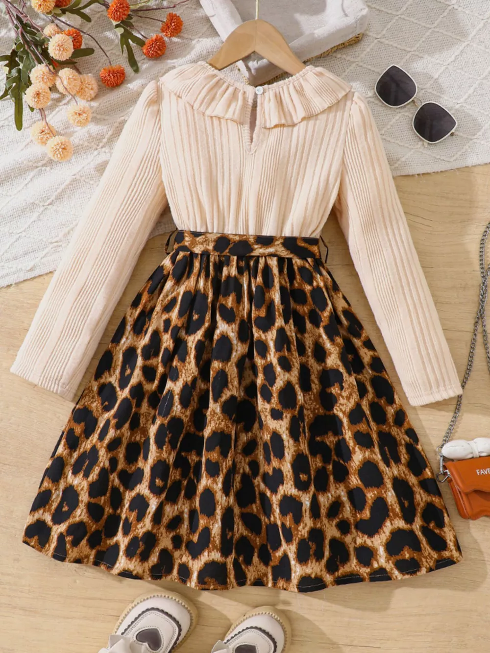 Children's Leopard Print Ruffle Collar Long Sleeve Dress, image 2