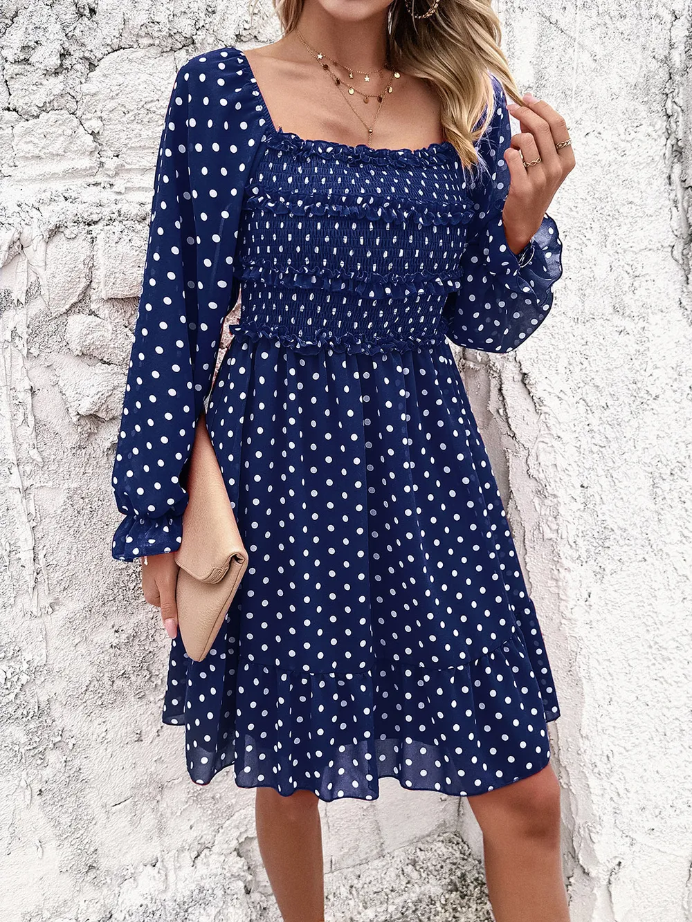 Smocked Polka Dot Long Sleeve Dress, image 2