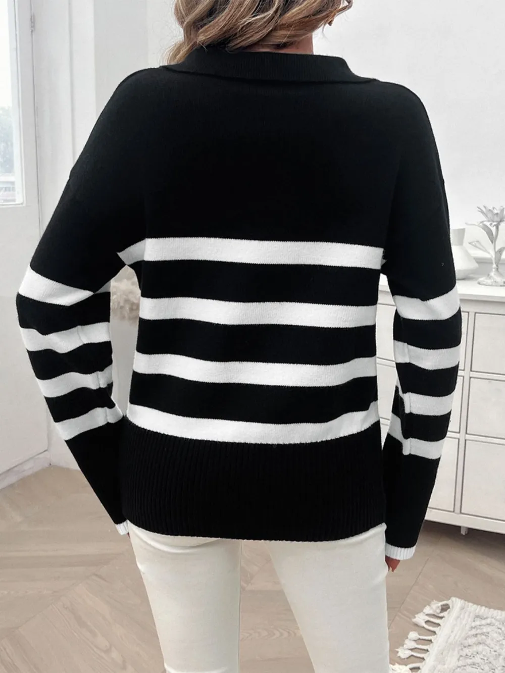 Striped Collared Neck Long Sleeve Sweater, image 2