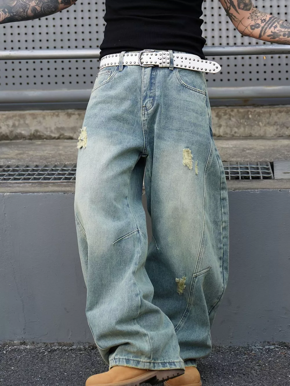 Men's Full Size Distressed Wide Leg Jeans Plus Size