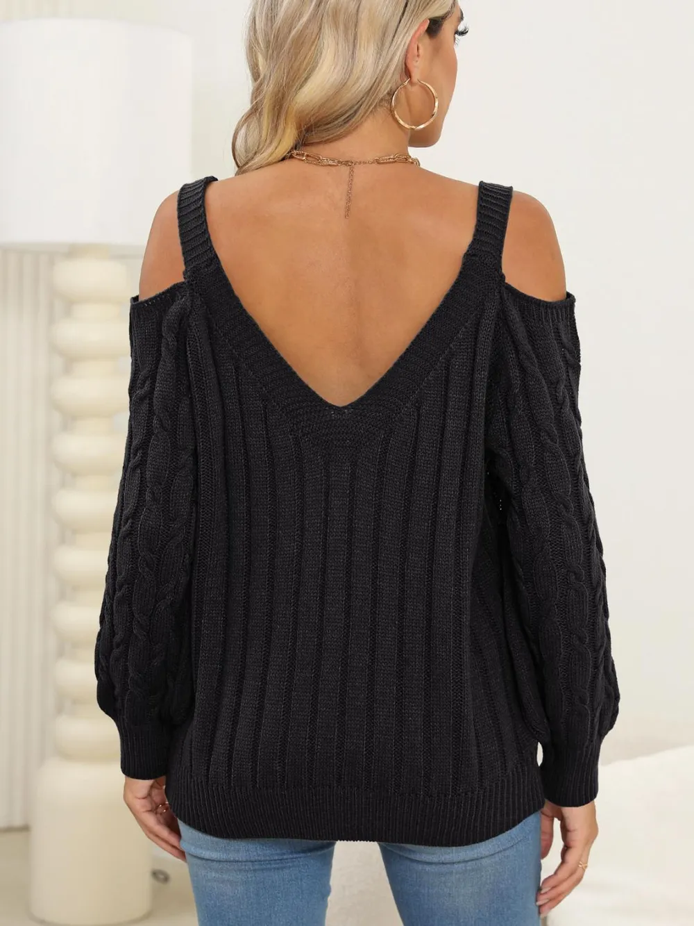 Cable-Knit Heart V-Neck Sweater, image 6