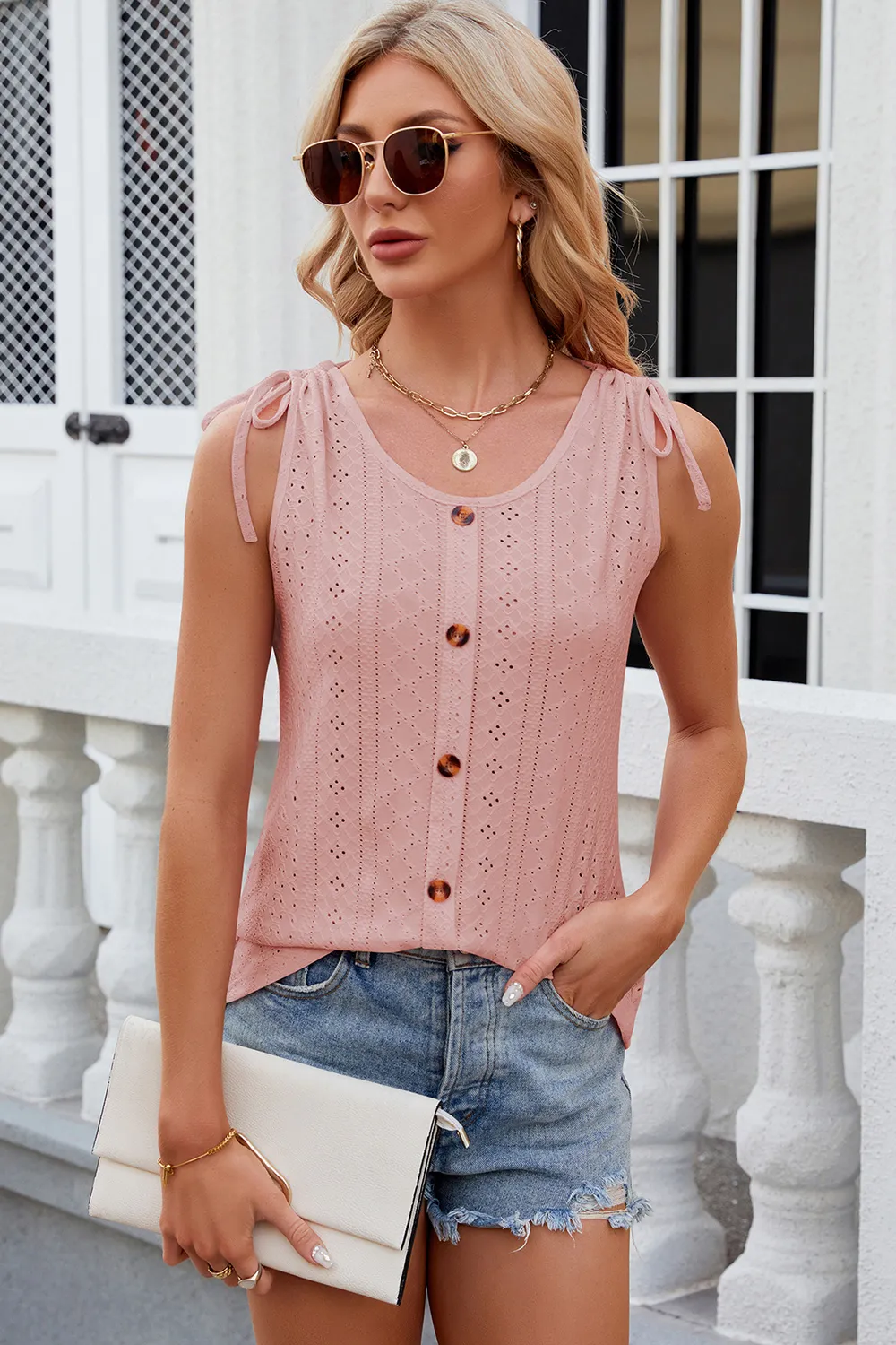 Eyelet Round Neck Wide Strap Tank, image 18