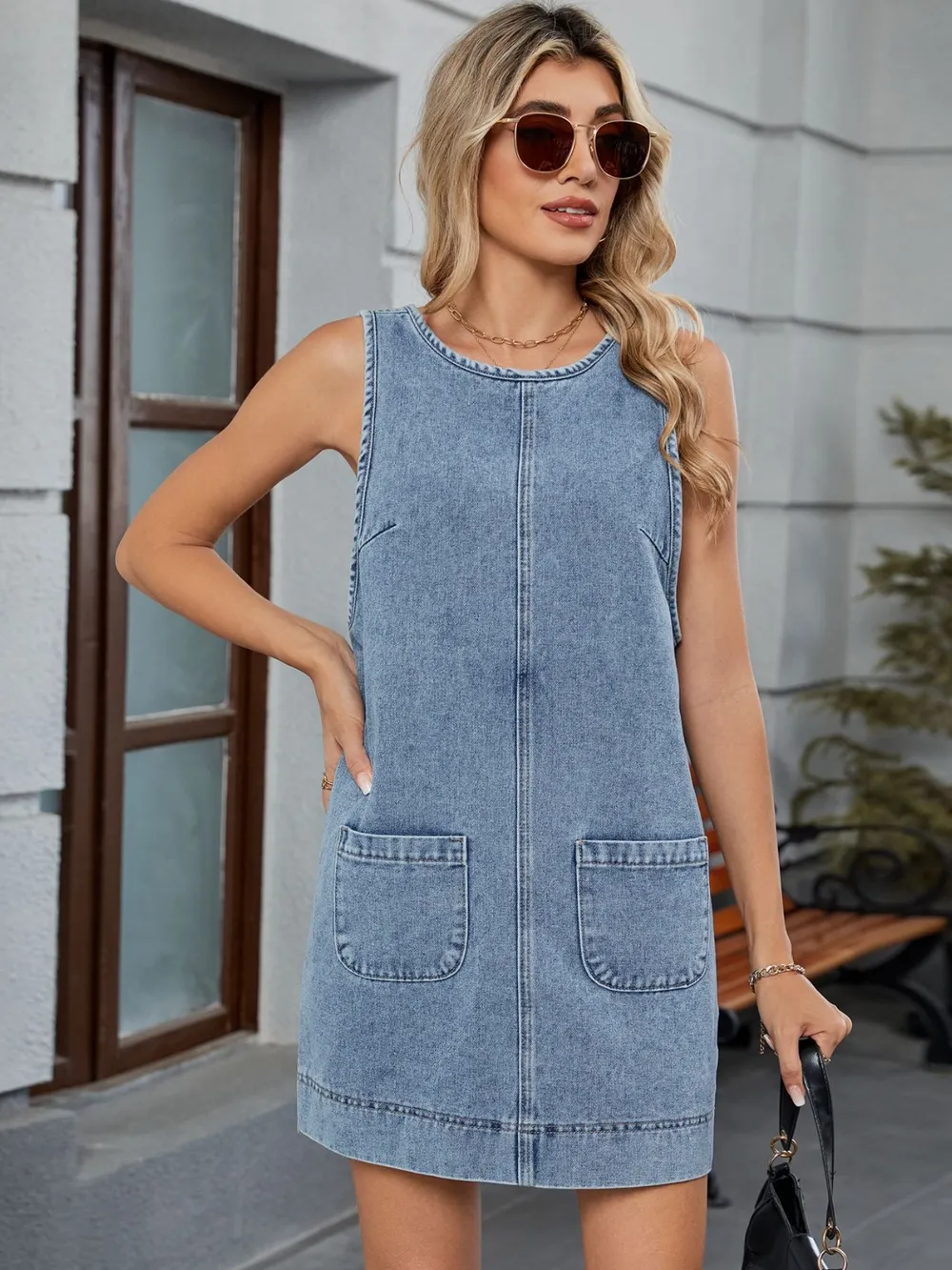Round Neck Denim Overall Dress, image 8