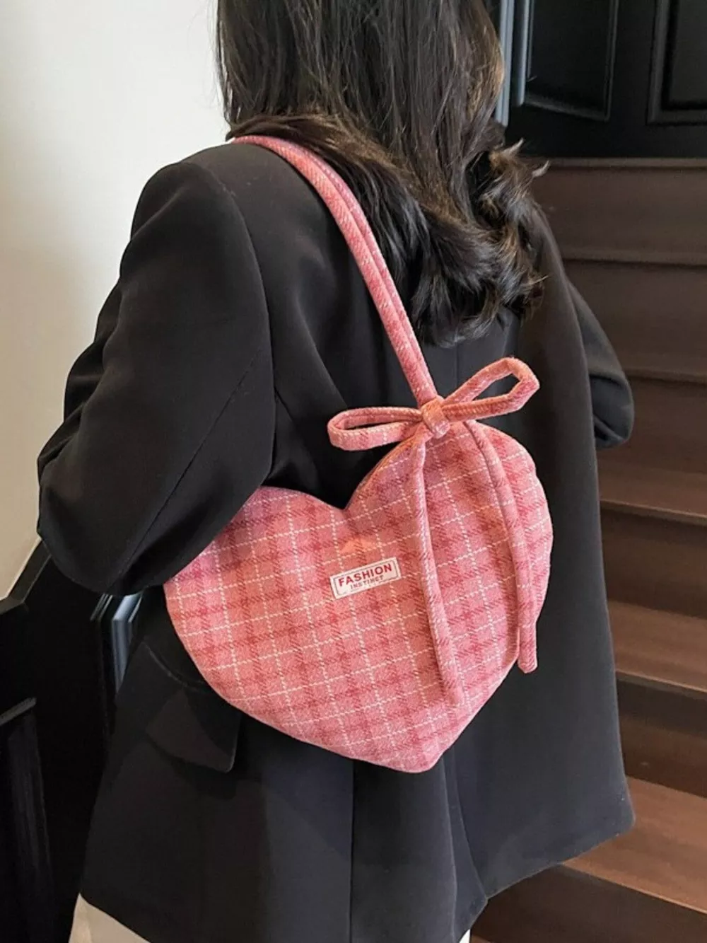 Heart-Shaped Plaid Shoulder Bag, image 6