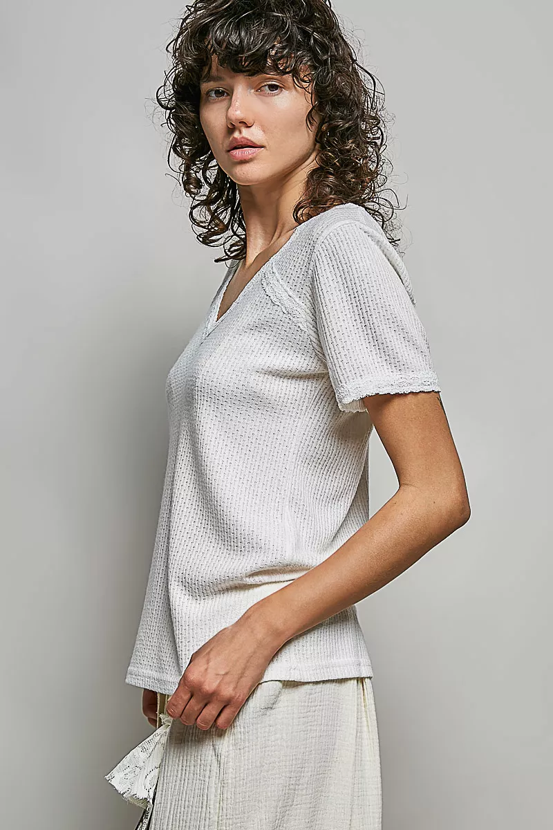 Lace Detail V-Neck Short Sleeve Textured T-Shirt, image 5