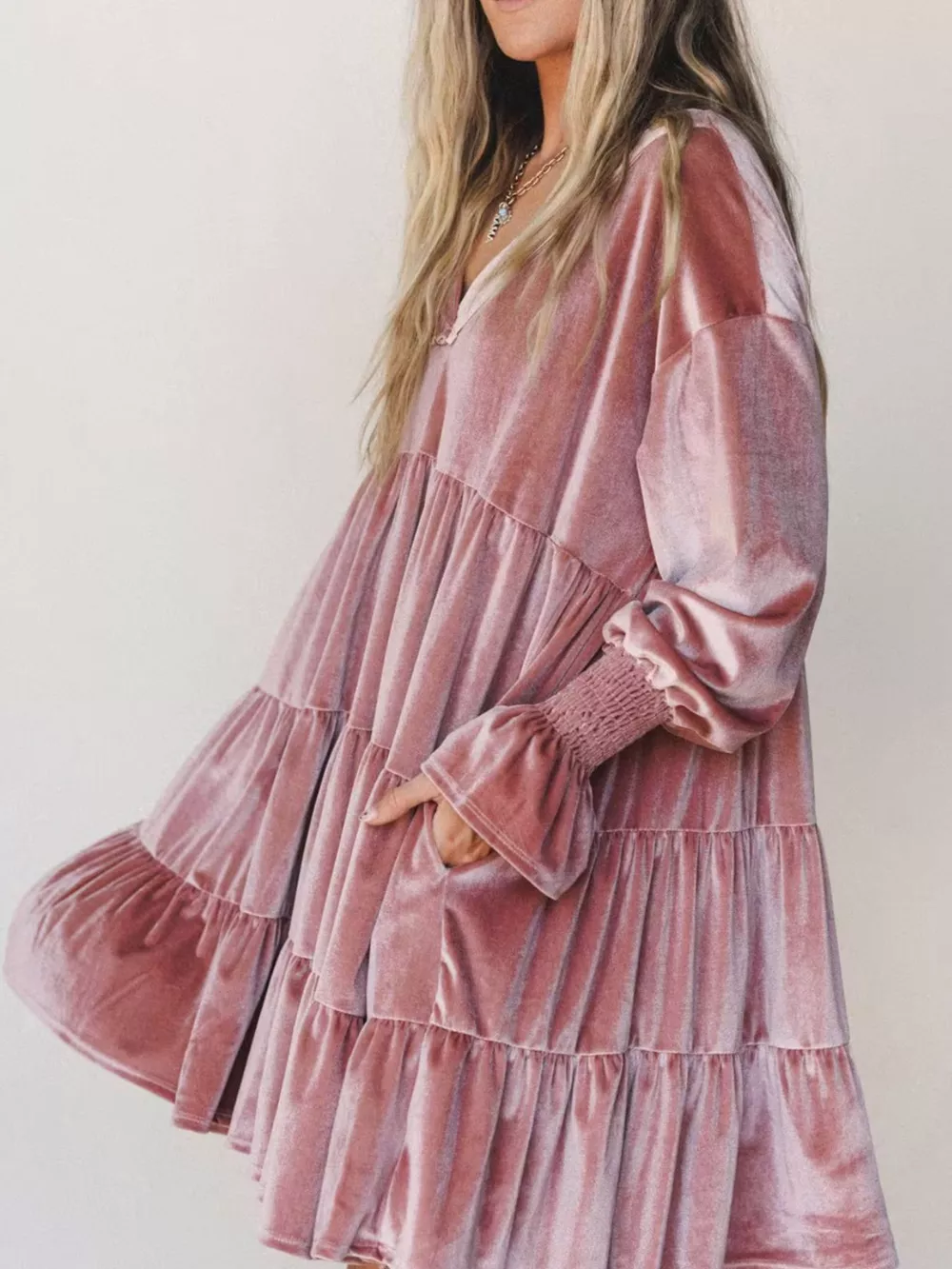 Velvet Tiered Mini Dress with Balloon Sleeves, image 3