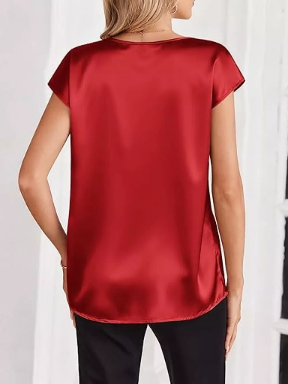 Satin V-Neck Short Sleeve Blouse, image 12
