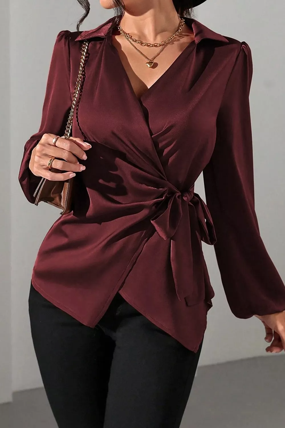 Satin Tied Detail Long Sleeve Blouse, image 9